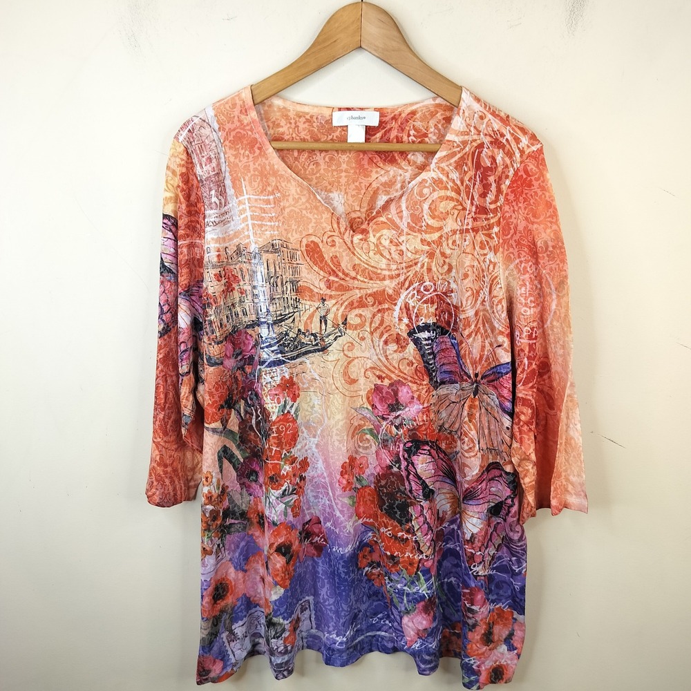 CJ Banks Shirt Butterfly Venice Travel Art To Wear 3X Womens Orange Purple